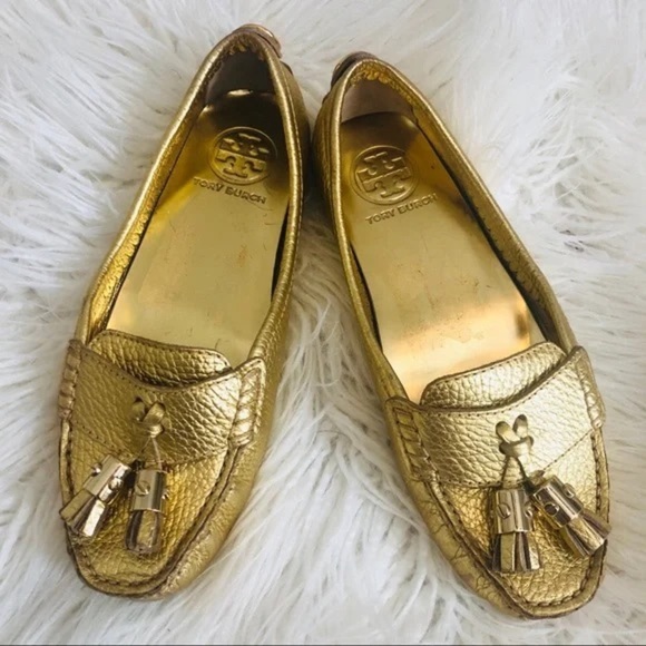 Tory Burch Lawrence Gold Tassel Loafer Casual Gold Square Toe Flat Shoes - Picture 9 of 9
